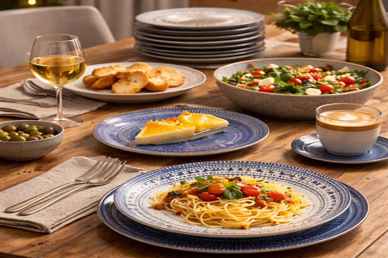 Στρωμένο τραπέζι με πιάτα σερβιρίσματος, ποτήρια και γεύμα καθημερινής χρήσης