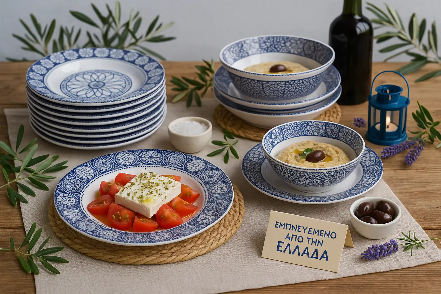 Σερβίτσια φαγητού μπλε σχέδιο με πιάτα και μπολ σε τραπέζι