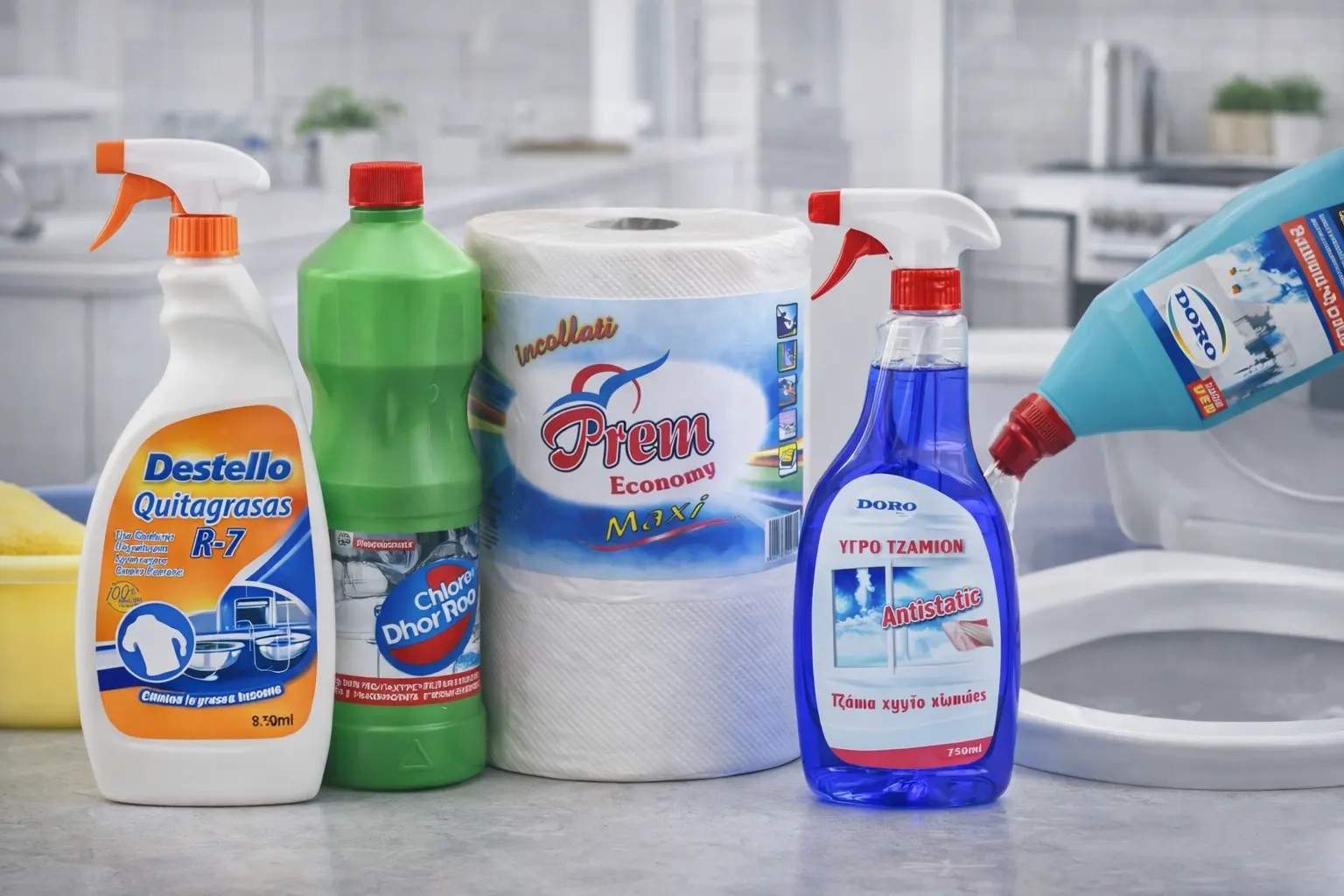 Είδη καθαρισμού σπιτιού Ευρούλης, με υγρά για τζάμια, πάτωμα, μπάνιο και κουζίνα.