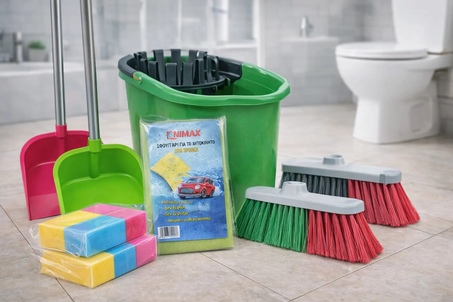 Είδη καθαρισμού σπιτιού όπως κουβάς σφουγγαρίσματος, σκούπες και σφουγγάρια κουζίνας σε φωτεινό μπάνιο