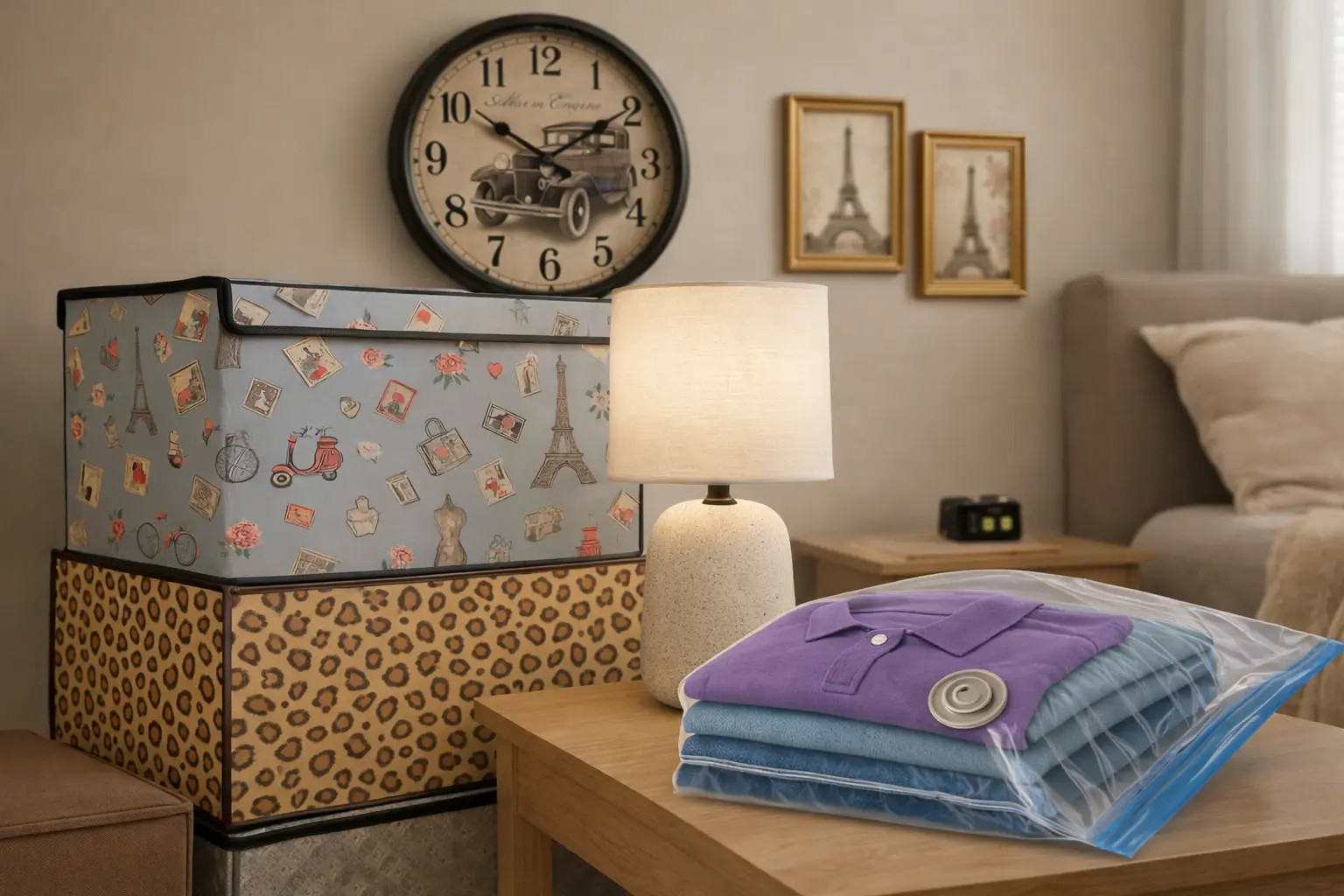 Σύνθεση με διακοσμητικά κουτιά αποθήκευσης, επιτραπέζιο φωτιστικό, ρολόι τοίχου και σακούλες vacuum για οργάνωση και αισθητική ανανέωση του σπιτιού.