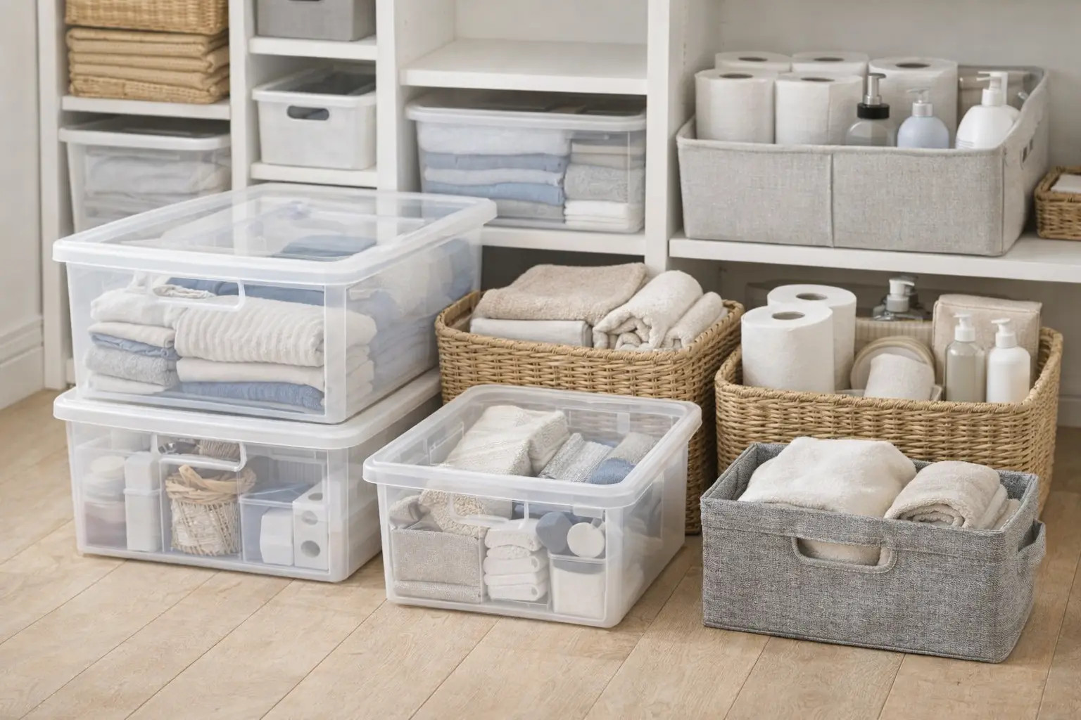 Οργάνωση σπιτιού με ράφια, κουτιά αποθήκευσης και καλάθια για πετσέτες και είδη μπάνιου