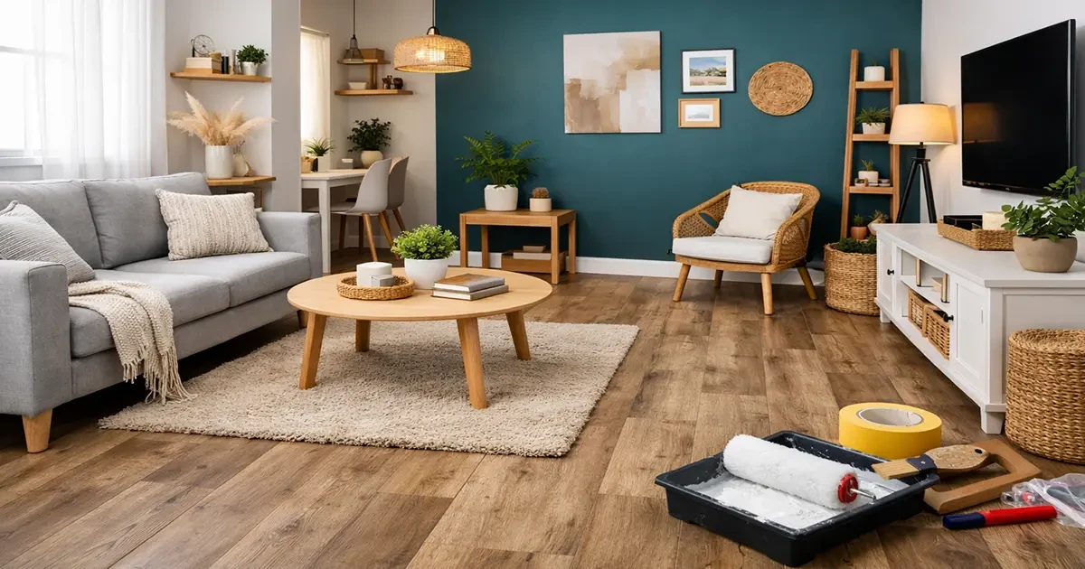 Οικονομική ανακαίνιση σαλονιού με όψη ξύλου στο δάπεδο και μοντέρνα διακόσμηση